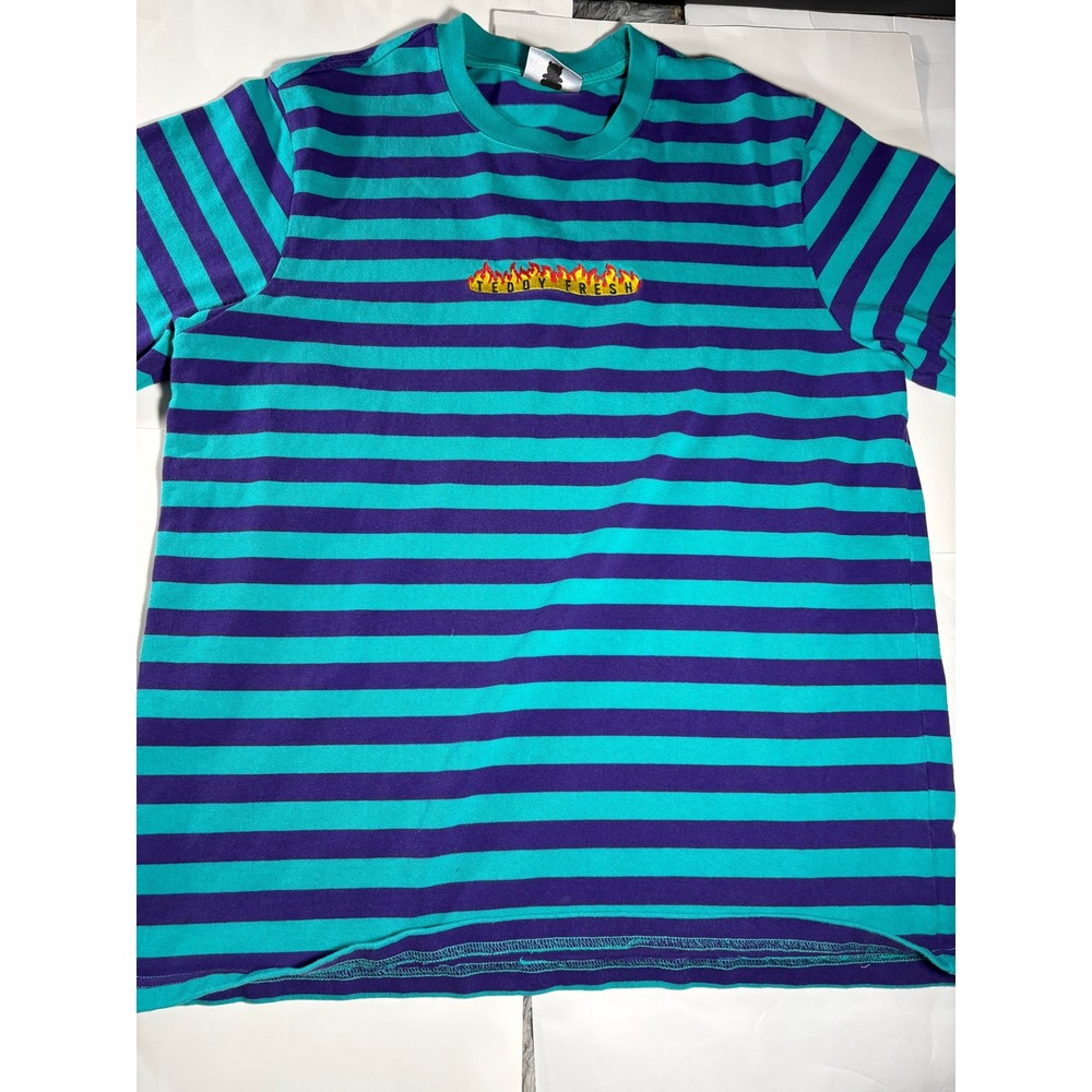Teddy Fresh Striped T Shirt Men Medium Blue Purple Flame Logo Graphic Streetwear